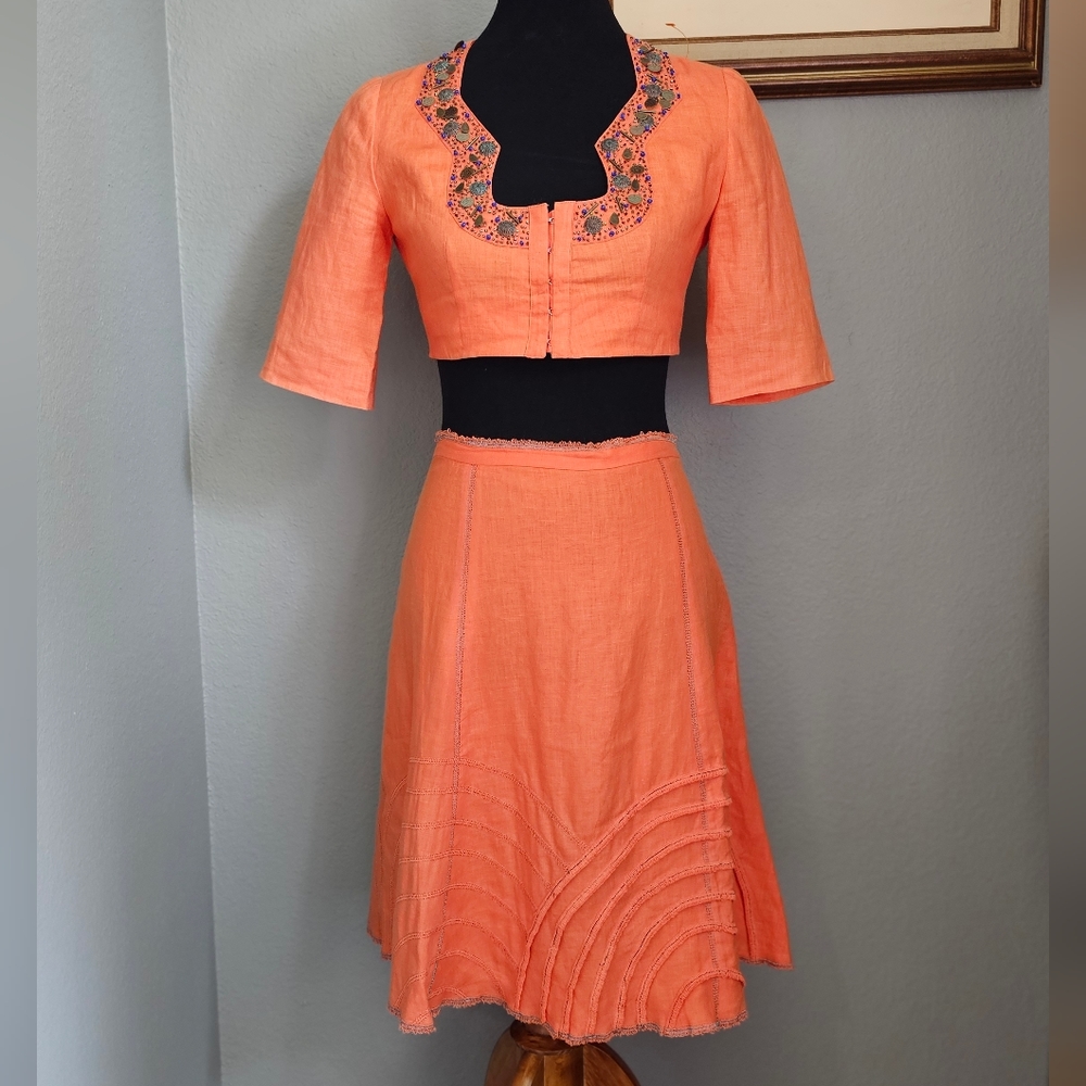 S.H.A.G Orange Swizzle Linen Two Piece Skirt & Beaded Crop Top Medium